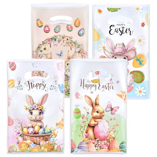 Pedenty 50 Pcs Easter Treat Bags with Handles – Watercolor Bunny Floral Egg Hunt Goodie Bags for Candy, Cookies, Spring Party Favors and Classroom Gifts