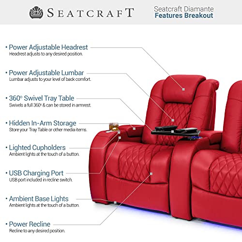 Seatcraft Diamante Home Theater Seating - Living Room - Top Grain Leather - Power Recline - Powered Headrests - Cupholders - USB Charging-Ambient Lighting-Arm Storage, Red, Row of 4 w/Middle Loveseat