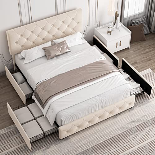 Queen Bed Frame With Storage And Adjustable Headboard, Bed Frame With 4 Drawers And Wooden Slats Support, No Box Spring Needed, Pu, Beige #TOP4