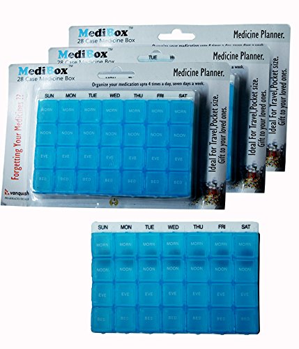 28 Case Pill Organizer Box Weekly 4 Times a Day ( Morning + Noon + Evening + Bedtime) Single Box with Detachable Compartments To Take Medicines on Time For Kids, Adults and Elders.Ideal for Traveling and Gifting_Pack of 3-image-1