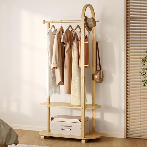 HOTAMO 31.5" Wide 3-in-1 Freestanding Clothing Rack.Wooden Coat Rack with 2 Shelves and 6 Hooks,Solid Rubber Wood Coat Rack with Shelves for Entryway, Bedroom, Living Room, Natural