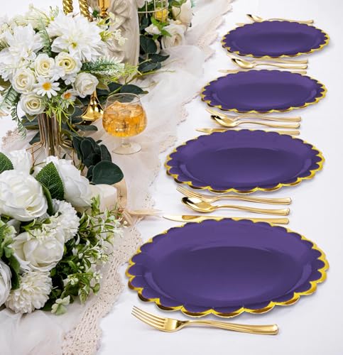 Image of HEIPINIUYE 50 Pieces Purple Paper Plates with Gold Foil 9 Inch Disposable Purple Scalloped Dinner Plates for Wedding Baby Shower Birthday Party Dessert Plate