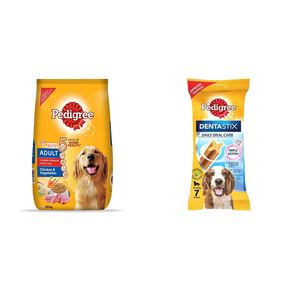Pedigree Adult Dry Dog Food, Chicken & Vegetables, 20kg Pack & Dentastix Medium Breed (10-25 kg) Oral Care Dog Treat, 180g Weekly Pack (7 Chew Sticks) (B09H5LFWKX) Amazon Price History, Amazon Price Tracker