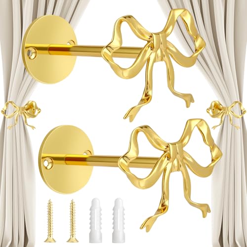 Image of 2 Pcs Gold Bow Curtain Tiebacks, Bow Curtain Holdbacks Wall Mounted, Suitable for Curtains and Bow Room Decoration