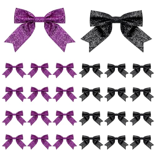 SPWOLFRT 24 Pieces Glitter Christmas Bows, Christmas Tree Bow Ornament, Premade Small Bowknot for Xmas Tree Wreath Crafts Gift Wrapping Basket Wedding Party Home Decor,6.5 * 7cm (24, Black&Purple)