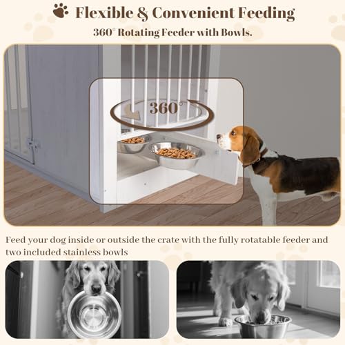 Dog Crate Furniture for Large Dogs, 36" Indoor Wooden Dog Kennel with 270° Swivel Door & 360° Rotating Feeder, Decorative Heavy Duty Dog House with Double Locks & Bowls, White - Image 4