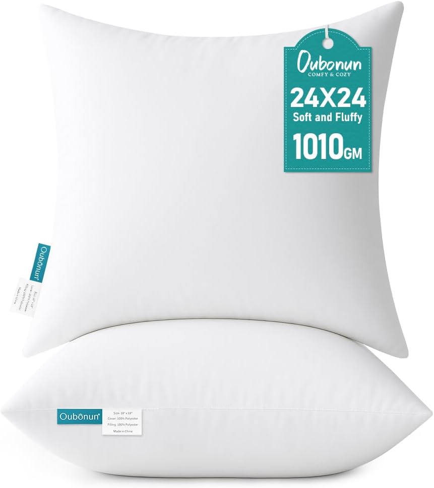 Oubonun 24 x 24 Throw Pillow Inserts - Soft, Plush & Decorative Down Alternative Pillows for Couch Sofa Bed, Machine Washable - White, Pack of 2 2 24x24 Inch (Pack of 2)