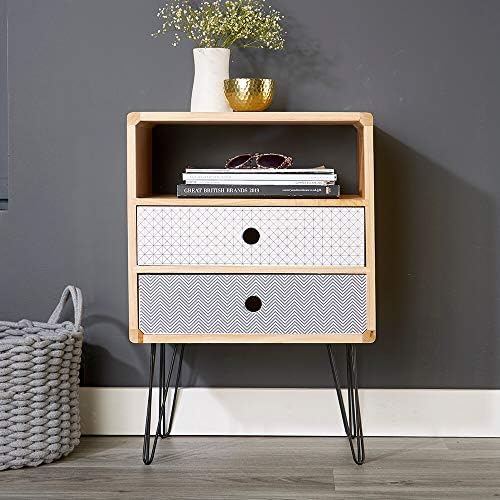 Home Source Retro Wooden Side Table or Bedside Cabinet Storage Unit Metal Legs, Natural, 2 Drawer