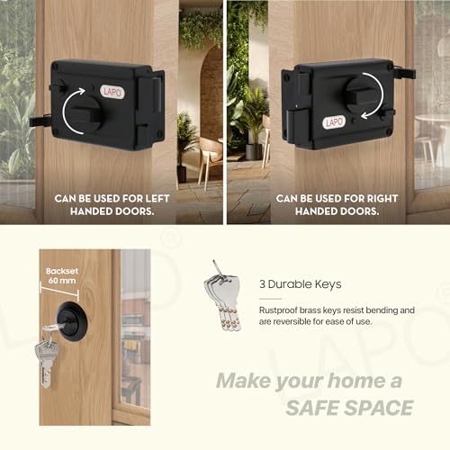 Image of LAPO Rim Lock, Applicable to Main & Safety Doors, TwinPin Extreme Dead Bolt Lock, Suitable for Single, Sliding & Gate Doors, Black Finish, 3 Keys, Reversible Knob, 3 Years Warranty