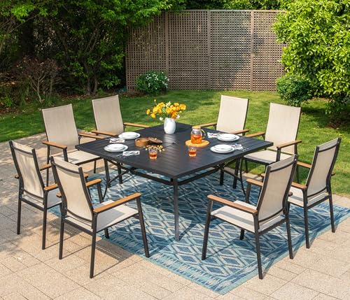 Image of Sophia & William Patio Dining Set for 8, Square Table & Aluminum Chairs | Metal table, Beige Stackable Chairs, Breathable & quick-drying, Light-weight & space-saving, Umbrella Hole, Outdoor