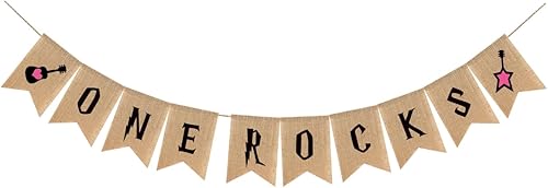 Decoraciones de fiesta de cumpleaños con temática de rock and roll, pancarta de cumpleaños de guitarra de Rock A Bye para niños de un año de edad, disponible en Yaxa Venezuela