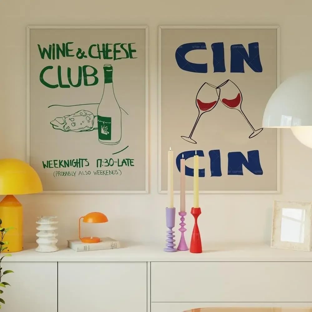 HURCP set of 2 Abstract Mid Century Wine And Cheese Club Posters Prints Pic Vintage Food Quotes Wall Art Canvas Painting For Modern Kitchen Home Decor,A3 (30X42CM)