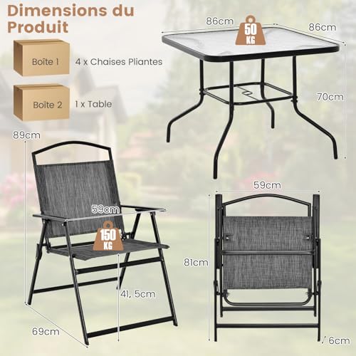 GIANTEX Ensemble de salle à manger de patio 5 pièces, Mobilier Exterieur, Chaises pliantes et table en plateau de verre avec trou pour parasol, Table de structure en métal pour terrasse, jardin – Image 4