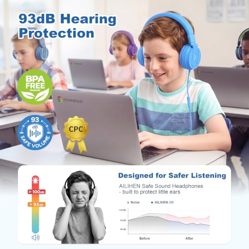 Image of AILIHEN Kids Headphones for School with Mic, 93dB Volume Limited, SkyBlue | Wired On Ear Headphones for Kids Girls, Foldable Lightweight Headphone for Classroom Learning & Entertainment Travel Computer