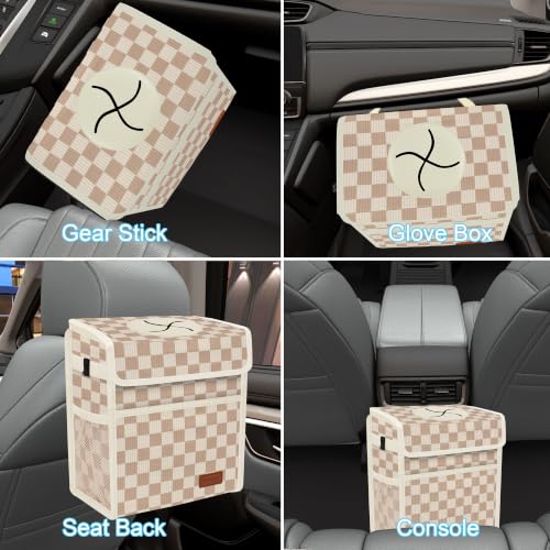 Image of Femuar Leak Proof Car Trash Can with Lid, Collapsible Hanging Waterproof Car Trash Bag with Mesh Pocket for SUV Front Seat Headrest, Large /Beige Brown Plaid