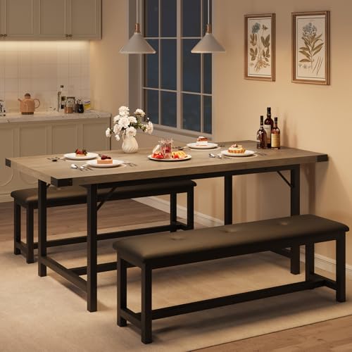 GarveeHome Dining Table Set for 4-6, 63 in Extendable Wood Dining Room Table with Corner Protector & 2 Upholstered Benches, Kitchen Table Set for Apar