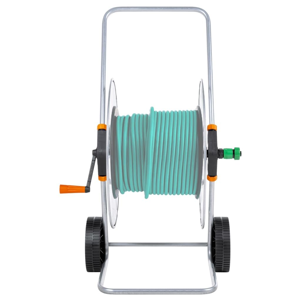 Stahl Schlauchwagen für 110 m 1/2" oder 80 m 3/4" Schlauch, verzinkte Konstruktion mit Rädern und abgewinkeltem Anschluss für knickfreie Handhabung