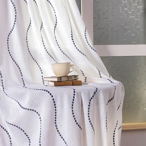 Image of HOMEMONDE Cotton Curtains for Window - Transparent Sun Light Filtering Sheer 5 Feet Curtain, Rod Pocket Top Style Pack of 2 - (Wave Blue, 60 Inch)