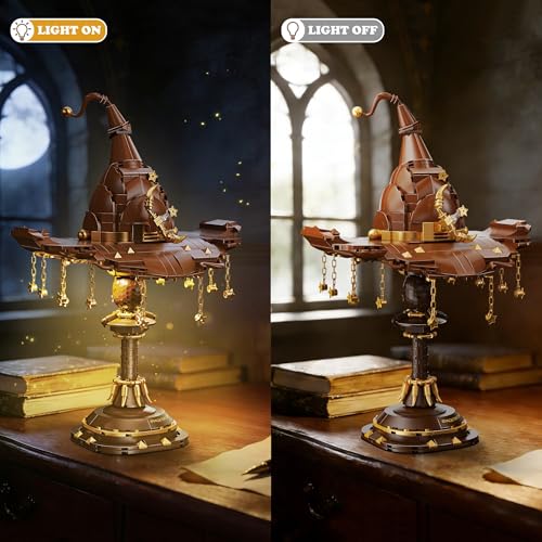 Image of Vziimo Magic Hat Lamp Building Set, MOC Light-Up Wizard Hat Desk Retro Lamp Set with Stars and Chains, Idea Mystical Academy Gift Toy for Movie Fans Teens Adults (698PCS)