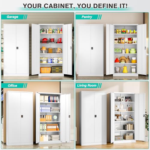 Image of SISESOL Wide & Deep Metal Storage Storage Cabinet with Adjustable Shelves,White Metal Cabinet with Lock,Steel Pantry Cabinets,72 inch Lockable Cabinets for Home,Office,Garage,Kitchen,Shop