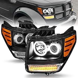 AmeriLite Black LED Turn Signal Dual Halo Projector Replacement Headlights Set for 07-12 Dodge Nitro - Passenger and Driver Side