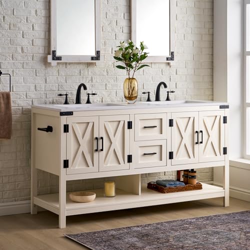 AMERLIFE 60” Farmhouse Bathroom Vanity with Double Sink, Freestanding Cabinet with 2 Drawers, 4 Barn Doors & Open Shelf, Rustic Storage for Master or Family Bathroom, Antique White