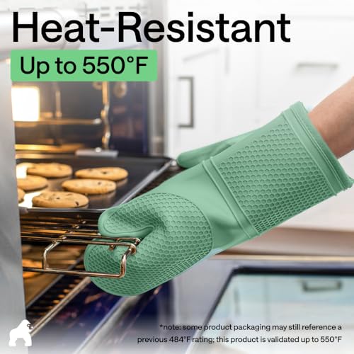 Image of GORILLA GRIP BPA-Free Soft Silicone Oven Mitts, 550F Heat Resistant Waterproof Cooking Safety Gloves, Thick Cotton Lining, Flexible Gripping for BBQ Grilling, Kitchen Potholders Set, 12.5x8.3, Mint