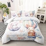 AILONEN Cartoon Rabbit Comforter Set Twin Size, Cute Balloon Bunny Bedding Set for Kids Boys Girls,Kawaii Animal Bed in a Bag,The Moon and The Stars Duvet Set,1 Quilt and 2 Pillowcases,3PCS