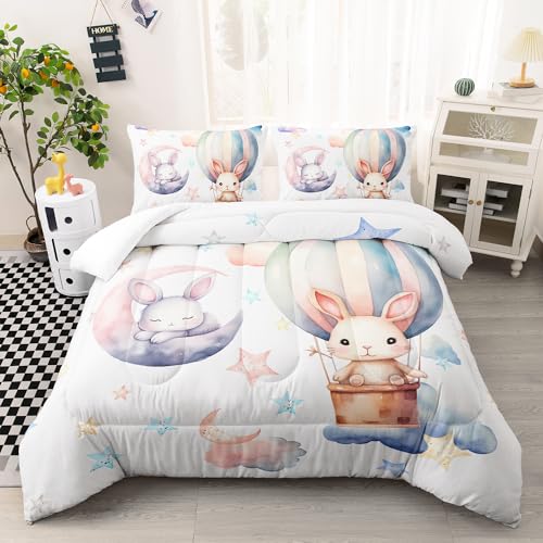 AILONEN Cartoon Rabbit Comforter Set Twin Size, Cute Balloon Bunny Bedding Set for Kids Boys Girls,Kawaii Animal Bed in a Bag,The Moon and The Stars Duvet Set,1 Quilt and 2 Pillowcases,3PCS