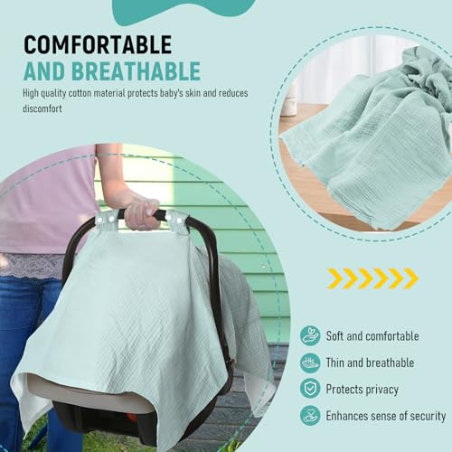 Image of 3 Pcs Car Seat Cover Baby Boy Girl Set, Adjustable Double Buckle Carseat Canopy, Plus Size Designed Muslin Carseat Cover, Versatile Full Coverage Nursing Canopy Includes 3 Colors