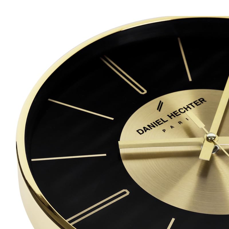Image of Daniel Hechter Paris Seine Collection Wall Clock, Silent Sweep Non-Ticking,12 inch(30cm) HD Glass Black Dial, Gold Aluminum Face & Metal Frame, Modern Decorative Clock for Home & Office - DHCL1004