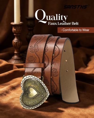 Image of Western Belt For Women, Womens Cowboy Belt For Pants Jeans With Vintage Floral Carved Design