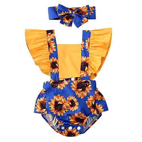 Newborn Infant Baby Girls Sunflower Outfit Ruffle Sleeve Romper Bodysuit Jumpsuit Floral Overalls Clothes with Headband (B-Sunflower, 0-6 Months)