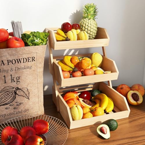 CROWNSHOP 3-Tier Bamboo Fruits Basket Fruits Bowl Holder Bread Basket Vegetable Fruits Holder Organiser for Kitchen Home Decorative Storage - Image 4