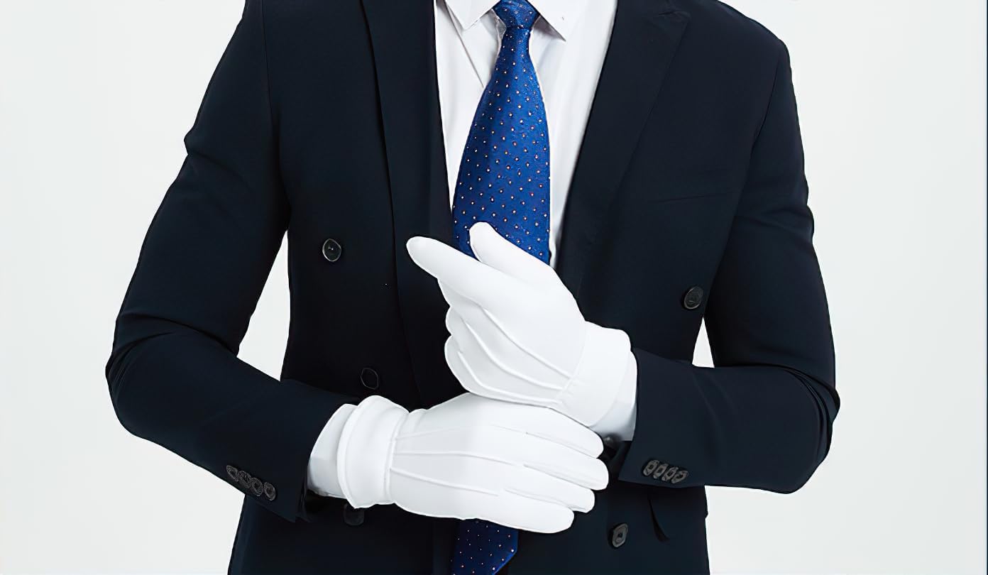White Cotton Gloves Men Costume Stitched Uniform Gloves for Wedding Formal Tuxedo Party, Coin Jewelry Inspection Gloves, Men Uniform Glovesfor Police Server Funeral Formal Tuxedo Guard