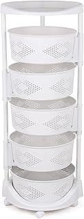 KONKENIE 5 Tiers Round Rotating Rack Multi-Layer Kitchen Storage Shelf Fruit Vegetable Storage Basket with 5 Lockable Casters for Home Kitchen Living Room White (14.37 * 36.22in)