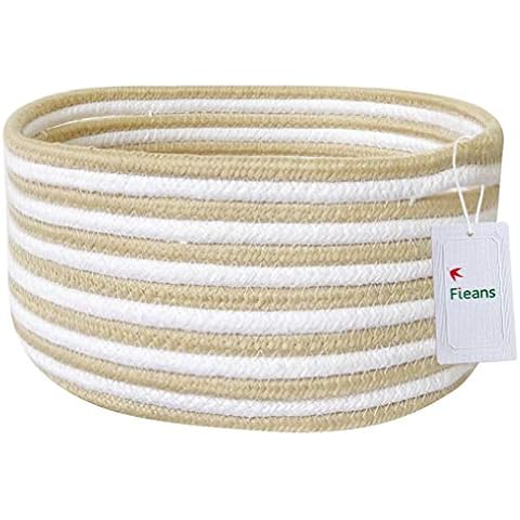 Fieans Small Storage Basket Cute Cotton Rope Basket Round Office Home Tidy Organizer for Drawer Closet Shelf Dresser, 25 x 12cm (Khaki) Cover