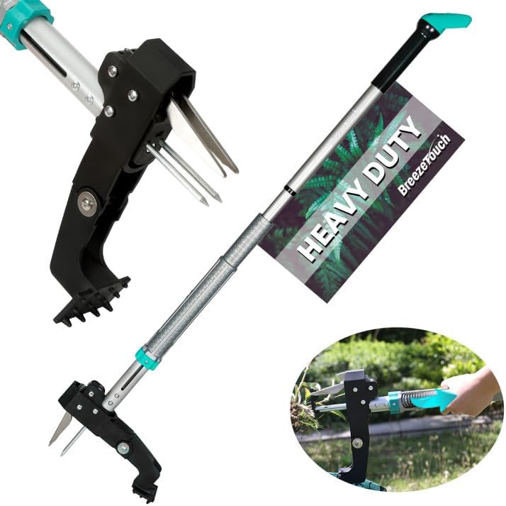 Breeze Touch 46" Weed Pulling Tool, 4-Claw Detachable Weed Puller Tool with Long Handle Adjustable, Heavy Duty Stand Up Weeder Weeding Tool for Lawn, Yard, Garden, Dandelion Picker, Weed Remover Adjustable Handle Common Teal