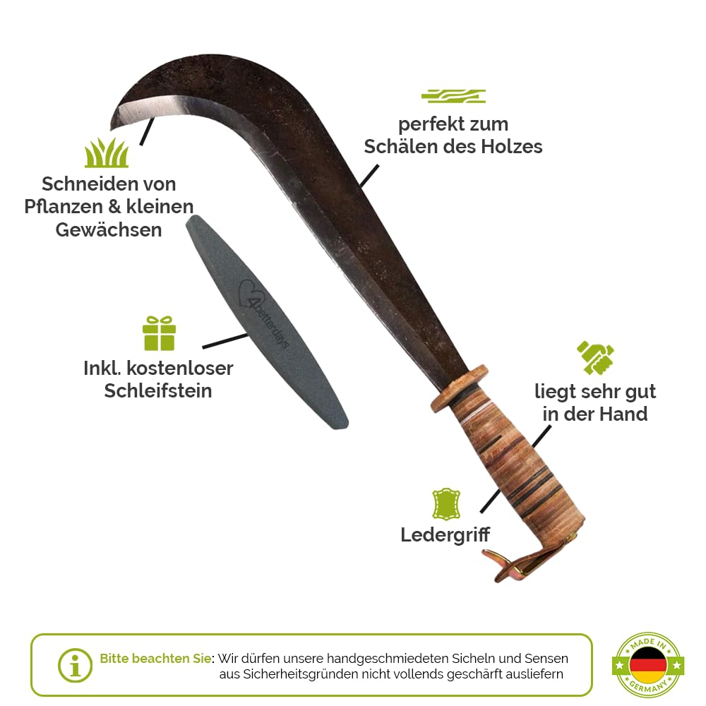 4betterdays.com Handgeschmiedetes Schweizer Gertel mit Ledergriff inkl. Gratis Schleifstein - Staudensichel, Handsichel, Sichel Garten, Sichelmesser/made in Germany