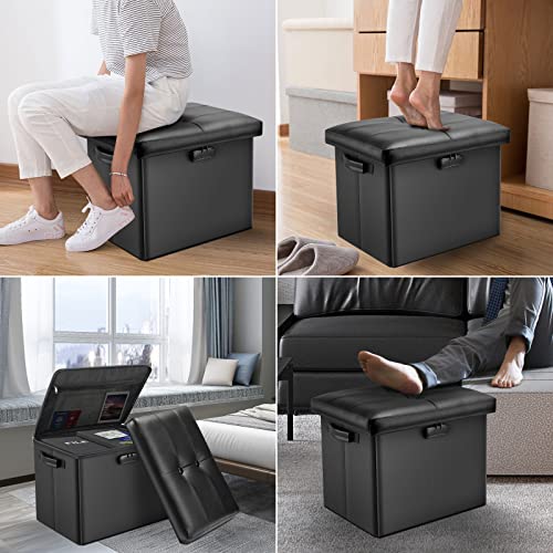 Docsafe Storage Ottoman With Lock,Fireproof Folding Ottoman Foot Rest Stool Storage Chest With Storage Safe For Important Documents,Waterproof 17 Inches Short Ottoman Foot Stool With Hanldes,Black #TOP3