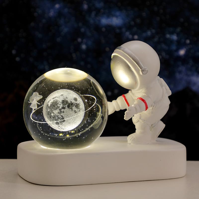 Saturno de Cristal lampara de Saturno 2.4inch(60mm) Astronauts Night Light 3D Laser Engraved Quartz Glass Ball Home Decor Crafts (the Moon)