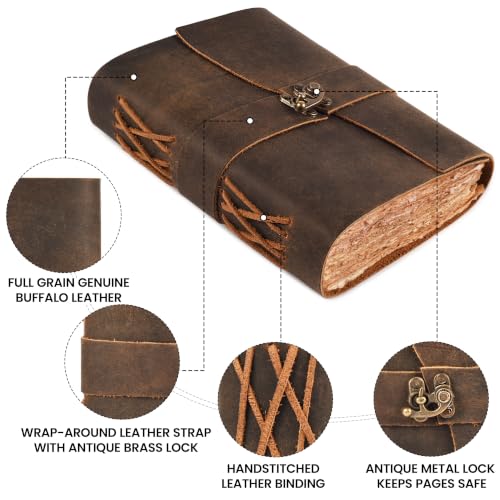 Image of LEATHER VILLAGE Leather Journal for Women & Men - Vintage Leather Bound Journal with Lock - Book of Shadows, Writing & Travel Journal - 200 Pages Handmade Deckle Edge Paper -13 inchx8''- Distressed Brown