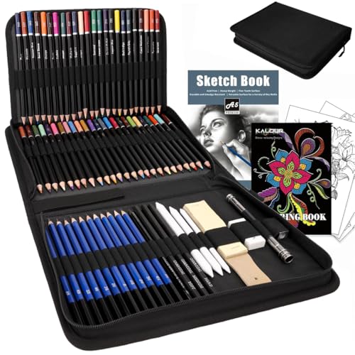 Kit De Desenho Profissional 96 Peças Com Estojo Portátil – 72 Lápis De Cor Oleosos, 12 Lápis De Grafite 8B–5H, Lápis De Carvão Macio/Médio/Duro, Esfuminhos, Acessórios E Bloco A5 Para Desenho E Esboço