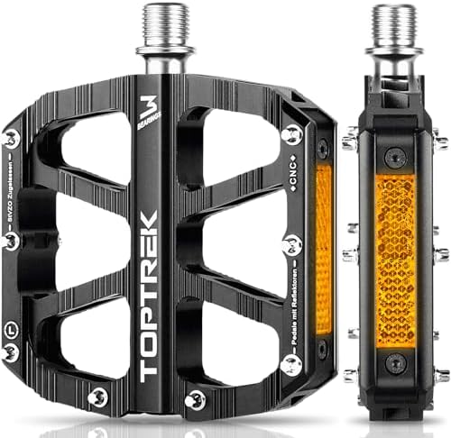 toptrek Fahrradpedale mit StVZO Zugelassen Reflektoren | CNC Aluminium Pedale Fahrrad MTB Pedale rutschfest mit 3 Abgedichtete Lager für Mountainbike, BMX, E-Bike, Rennrad