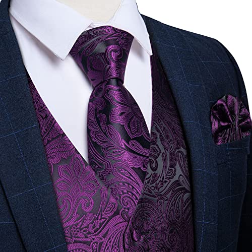 Image of DiBanGu Mens Paisley Vest Silk Sleeveless Suit Vest and Neck Tie Pocket Square Cufflinks Set for Wedding Formal