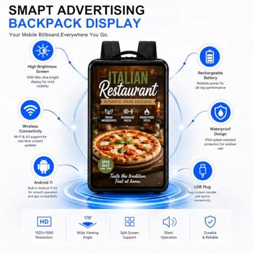 Image of 21.5Inch Touch Screen LCD Advertising Backpack AndroidOS 10800mAh Battery