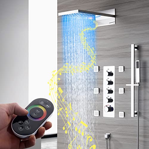 Sistema de ducha con cascada 9"x22" con LED, altavoces Bluetooth y 4 funciones (Montaje en pared) acero inoxidable pulido miniatura 3