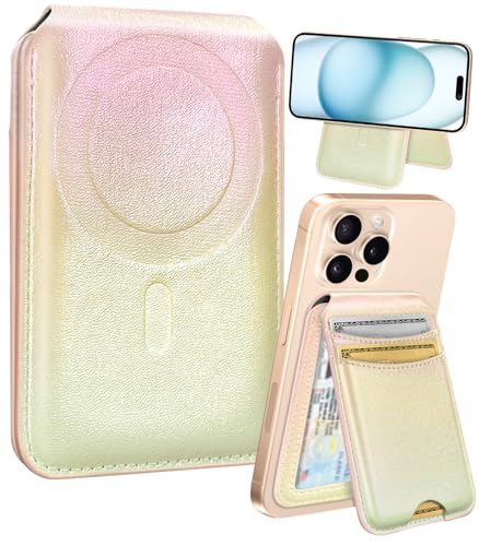 Shorogyt Cartera Magsafe para tarjetero plegable magnético para mujer, bonita cartera de teléfono para iPhone 16/15/14/13/12, soporte de bloqueo RFID, cuero impreso, para 5 tarjetas, Pk Green