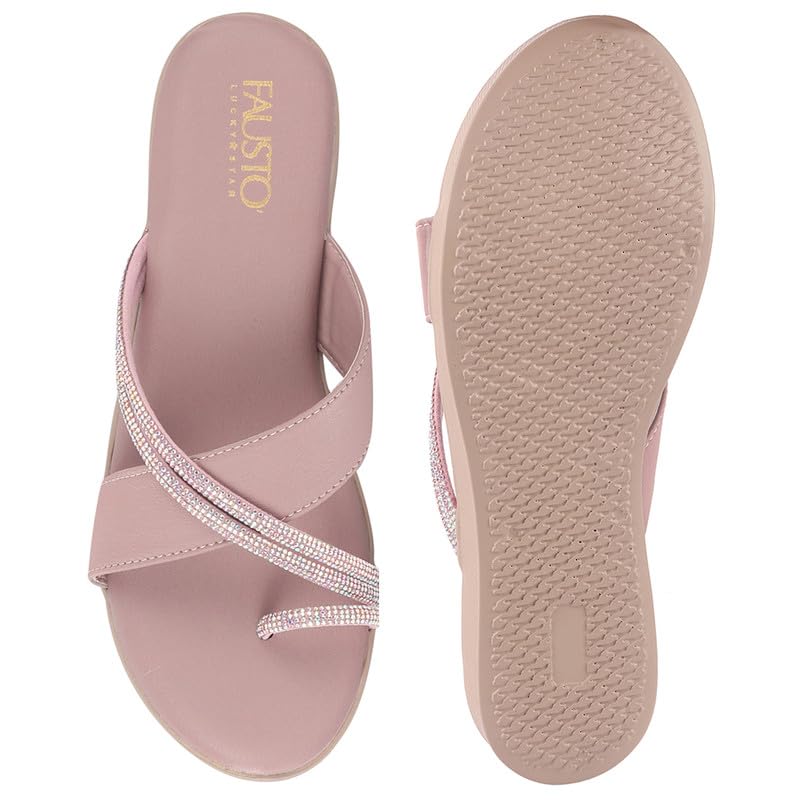 Image of FAUSTO Women Embellished Shimmery Cross Strap Toe Ring Wedding Slip On Slippers | Soft Cushioned Footbed Wedge Sandals | Party, Mehndi, Festive