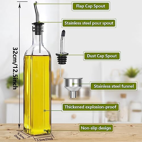 Showvigor Olive Oil Dispenser Bottle, Oil and Vinegar Cruet Bottle 17oz/500 ml, Square Tall Glass Oil Container with 2 Stainless Steel Pourers, 2 Labels,1 Brush and 1 Funnel Oil Bottles for Kitchen